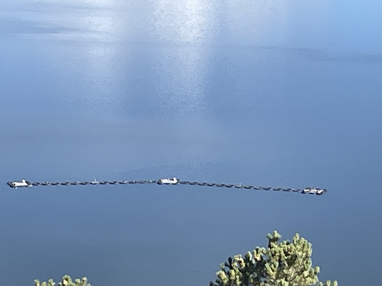 A dark line of rubber tires used as a breakwater, with boats moored to it